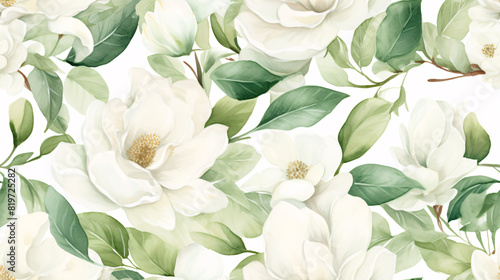A seamless watercolor floral pattern featuring delicate white roses and lush green leaves arranged in a vintage luxury design with soft pastel backgrounds
