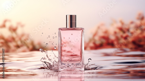 A mockup bottle of perfume is floating in a pool of water. The bottle is pink and has a spray top. The water around the bottle is splashing and creating a beautiful, serene atmosphere
