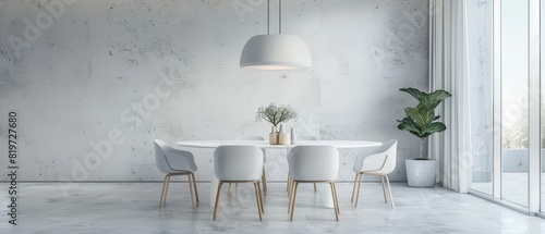 Minimalist dining area with a white table, matching chairs, and a single light fixture, set against a plain wall for an elegant and clean look