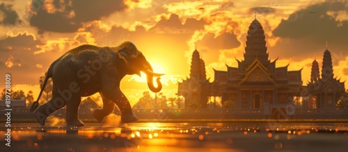 Elephant Mastering Muay Thai at Wat Phra Kaew Temple at Golden Hour in a Dreamy Watercolor