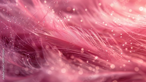  A close-up of a pink feather with small droplets of water on both ends