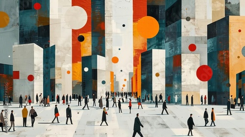 A minimalist abstraction of a busy urban scene, using bold shapes and a muted color palette, elegant and modern