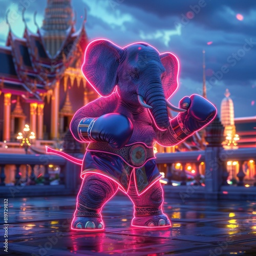 Elephant in Boxing Gear Training with Holographic Trainer at Wat Phra Kaew at Dusk