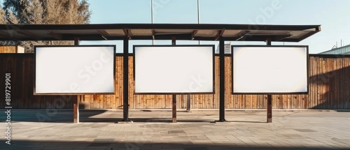 Public area with blank advertisement boards, ideal for commercial use or promotional content