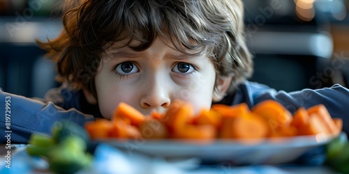 Child sulking at plate of vegetables during family mealtime struggles. Concept Family dynamics, Healthy eating, Childhood development, Mealtime challenges, Parenting strategies