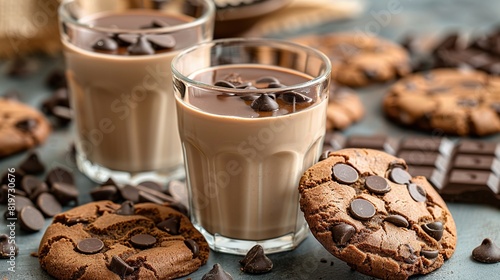  Two glasses of milkshake with chocolate chips on a table with a bag of chocolate chips