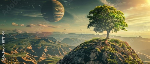 Tree on a sunlit mountain peak, surrounded by green landscapes and valleys, with a large planet visible in the sky, creating a fantasyscience fusion