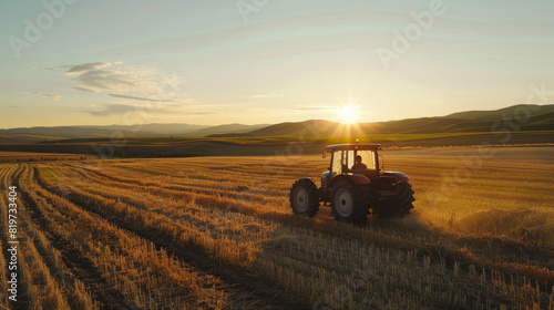 Sunset bathes a tractor tilling a vast farmland, highlighting rural serenity.