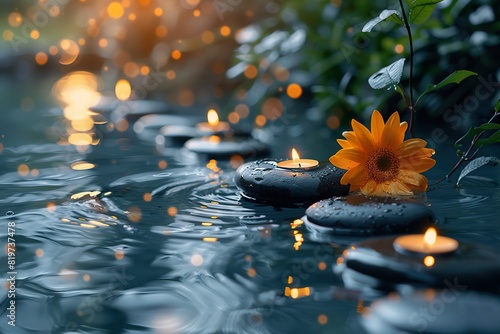 Banner spa stones in garden with flow water candles and flowers for massage spa treatment ,aroma ,healthy wellness relax calm luxurious