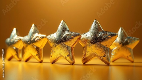  A gleaming quintet of gold stars atop a wooden table, adjoining a yellow wall in the backdrop