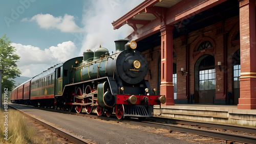 A majestic classic steam locomotive pulls into a vintage station, evoking a sense of history and the age of rail travel