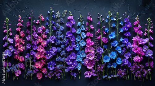  A collection of purple-blue blossoms against a dark background featuring green stems and matching hues