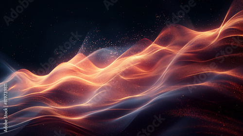 Digital generated image of glow fiber splines making turbulence patterns on black background.