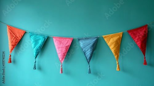  A vibrant array of kites dangles from a string on a cobalt wall beside a turquoise backdrop