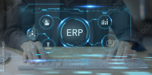 AI ERP system, Enterprise Resource Planning technology. Efficiency solution managing business value chain, automate operational processes, react in real time, automatic updates, data driven decisions.