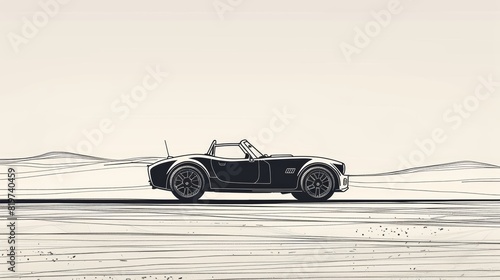 Classic black roadster in a desert landscape, with fine line detailing and a sleek design, emphasizing freedom and speed