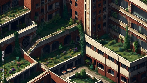 Artistic rendering of a derelict apartment complex overtaken by greenery, under clear skies
