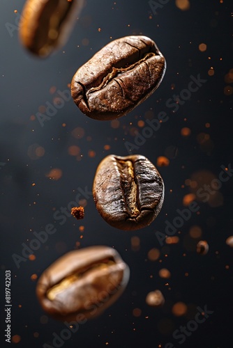 A hyperrealistic 8K image of levitating coffee beans against a black background