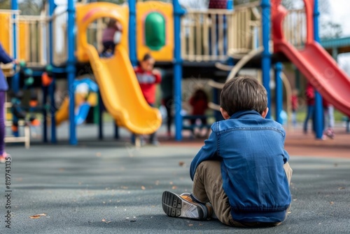 A student sitting at the edge of a playground looking isolated and dejected as other children play without him