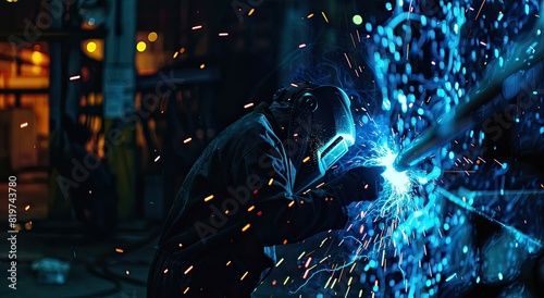 Industrial welder at work in a dimly lit workshop. Sparks flying from the welding process under a protective helmet.
