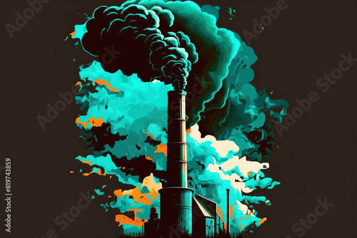 Ecology pollution, smoke from pipe on black background, graphic colored isolate. AI generated.