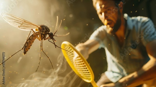 Swatting Insects with Racket Large Mosquitos Bees Flies, Zapping with pest control device