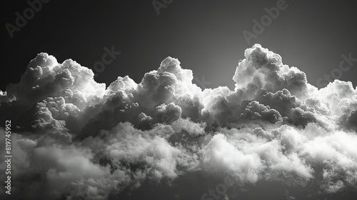  A monochrome image of cloud clusters with an airplane positioned centrally within the frame