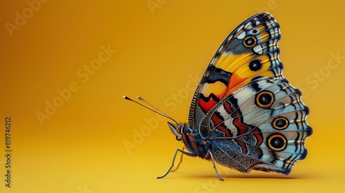  A close-up of a butterfly on a yellow background with a black and white stripe on its wings
