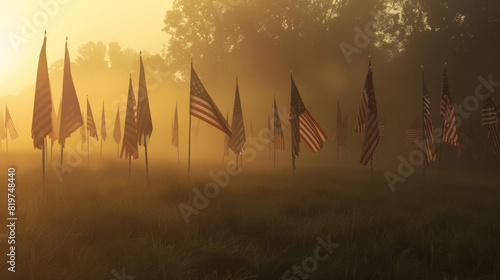 Misty sunrise filters through a solemn field of American flags.