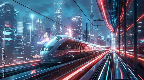 A red train is traveling down a track in a city. The train is surrounded by tall buildings, and the cityscape is illuminated by lights. Concept of motion and energy