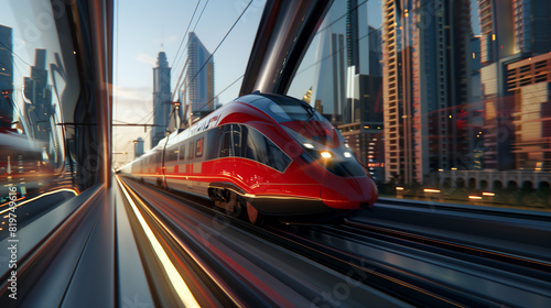 A red train is traveling down a track in a city. The train is surrounded by tall buildings, and the cityscape is illuminated by lights. Concept of motion and energy
