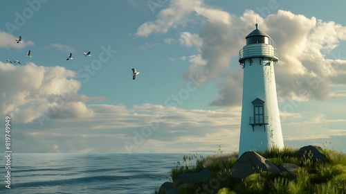A serene coastal scene featuring a classic lighthouse against a backdrop of calm blue waters and a sky adorned with clouds and flying birds.
