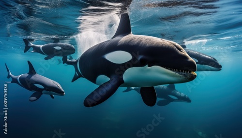 Groups of Orcas or killer whales swim and hunt for prey, the top of the food chain in a sea of ​​ice floes