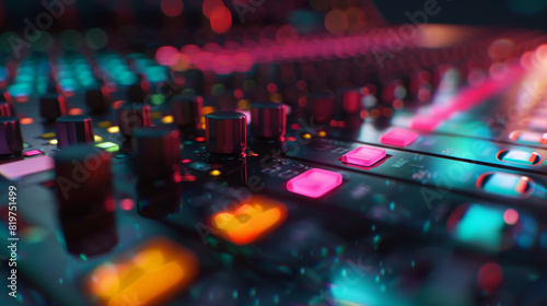 Neon glow bathes an audio mixer board in a dreamlike radiance, electrifying the music production vibe.