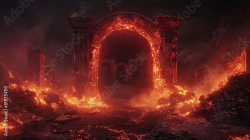 Flaming gate of hell with lava
