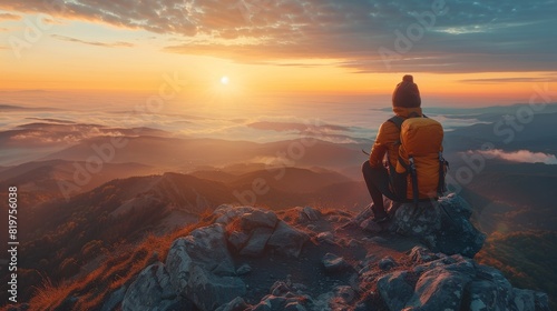 Solo traveler at sunrise atop a mountain, panoramic view, backpack, serene moment of solitude and adventure
