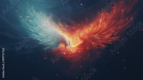 The image is a depiction of a phoenix rising from the ashes