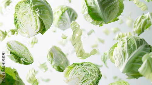 Vibrant and juicy close-up of fresh cabbage slices floating in mid-air with water droplets. Perfect for advertisements, food blogs, and health-related content