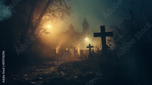 Gothic graveyard at night, shrouded in dark fog with a mysterious party scene illuminated.Concept: Gothic graveyard night party halloween