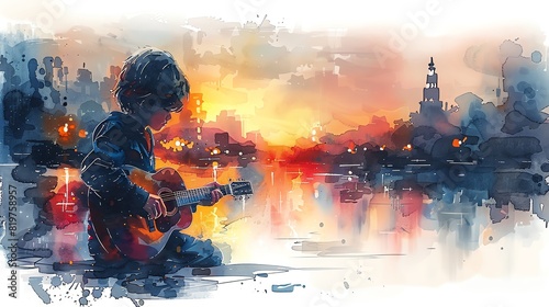 Vivacious watercolor illustration of a boy playing guitar, clipart, single object, isolate on white background, strumming with passion