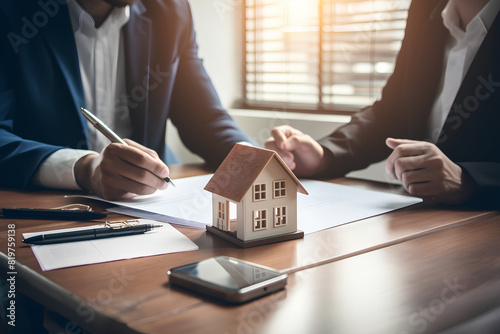 Real estate professionals offer contracts to their clients to discuss home purchases, insurance, or real estate loans. Home sales agent sitting in an office with a new home buyer in the office