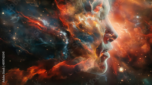 An artistic representation of a person’s head dissolving into a galaxy, symbolizing the boundless nature of consciousness. Dynamic and dramatic composition, with cope space