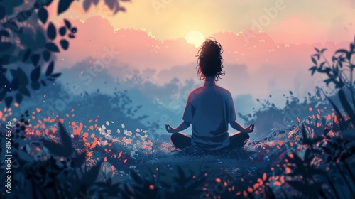 Representing mental wellness and self-care. Include a person meditating in a tranquil environment, surrounded by nature.