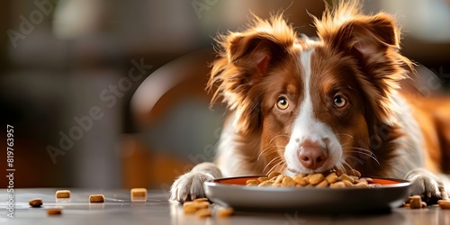 Australian Shepherd dog eating food at home showing disinterest in it appropriate for pets. Concept Pets, Australian Shepherd, Eating Habits, Disinterest, Dog Behavior