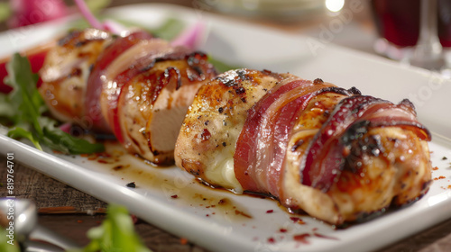 Tanzanian culinary delight: juicy chicken wrapped in bacon, accompanied by a side salad, presented on a ceramic plate