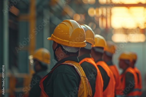 Back view of workers in helmet and safety vest standing on blurred building background