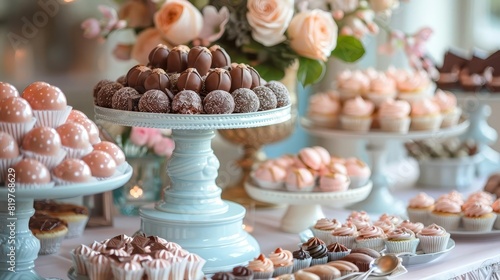 A wedding buffet with a chocolate themed dessert table, elegant, soft pastel colors