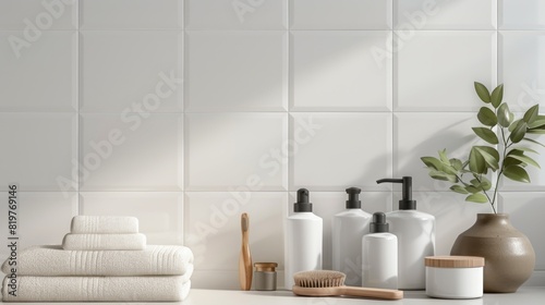 White Bathroom Counter WithðŸ§´, ðŸŒ¿, And Folded Towels.
