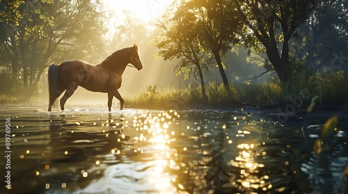 The shimmering surface of a river as a horse gracefully trots through its tranquil waters, creating a serene and picturesque scene