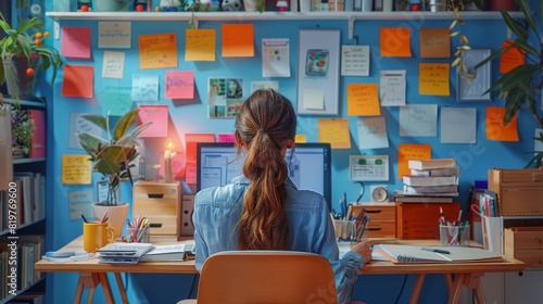 The efficient multitasking of an administrative assistant, surrounded by a colorful array of office supplies and computer screens, Their organized workspace is a hub of productivity. Generative AI.